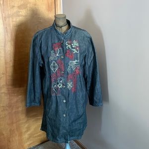 Denim embroidered long coat. Made in India. Size XL